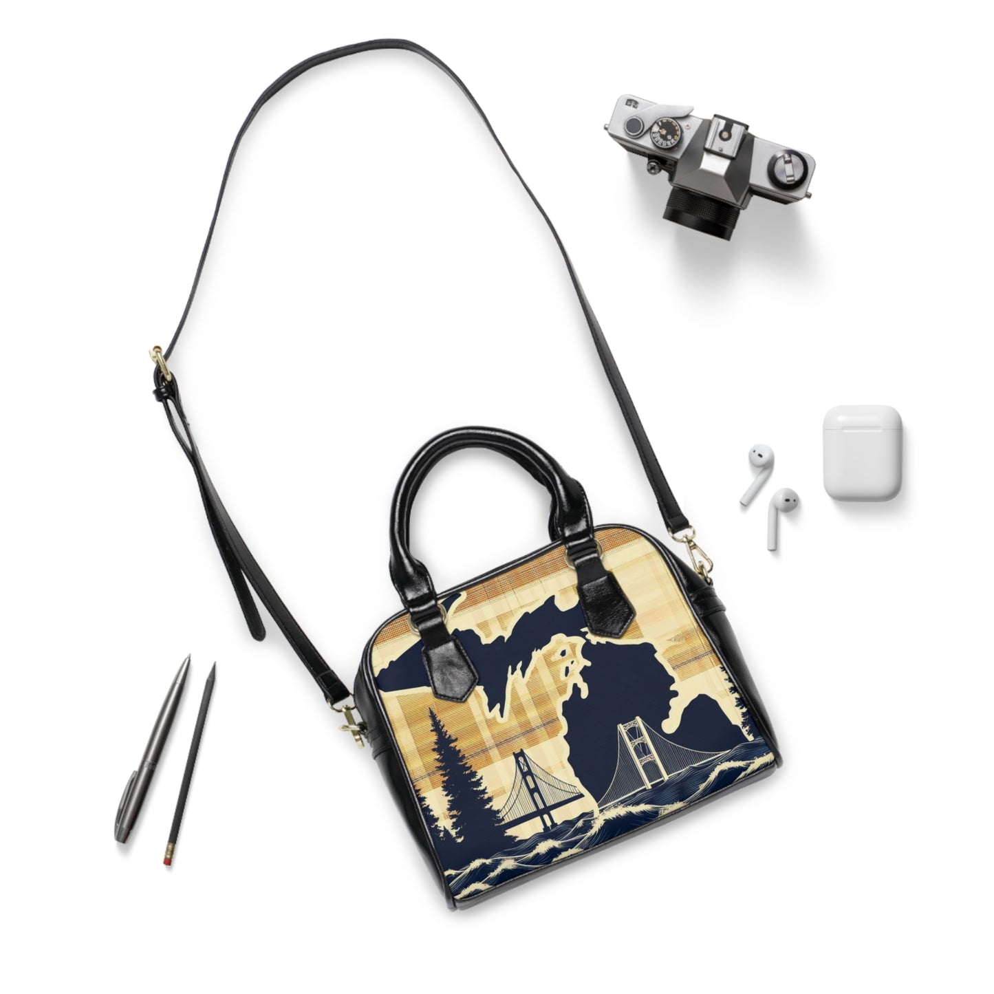 Shoulder Handbag - Mackinac Bridge Plaid Design, Michigan Great Lakes Purse, Mackinaw Island Bag, Upper Peninsula Tote, Stylish Handbag