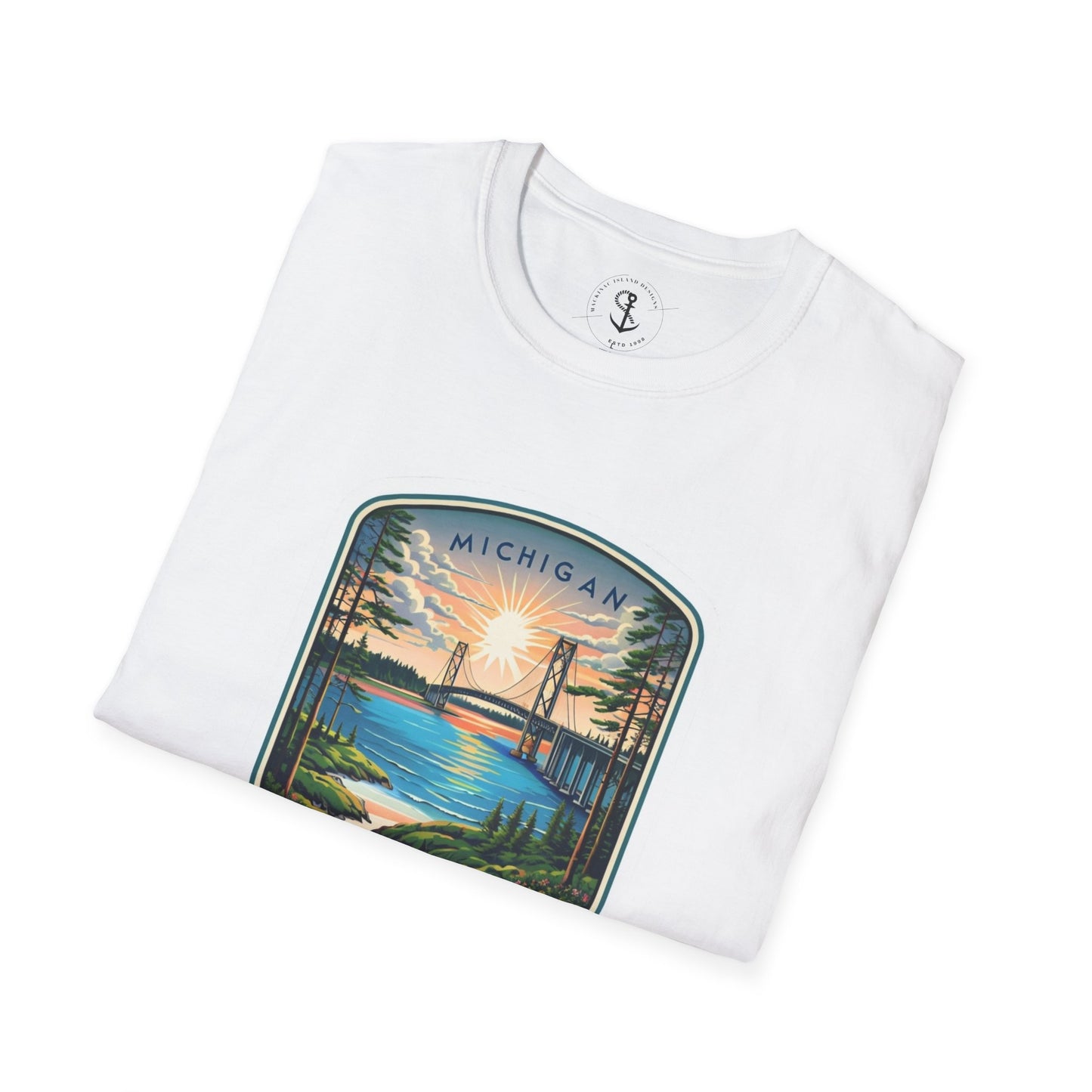 Michigan Mackinac Bridge Unisex Softstyle T-Shirt, Upper Peninsula Souvenir Gift Tee, Great Lakes Travel Shirt, Michigan Bridge Graphic Tee