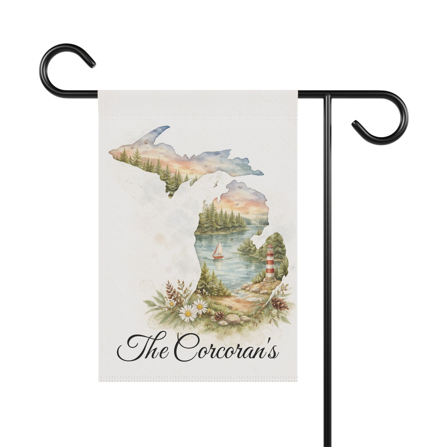 Michigan Watercolor Landscape Garden Flag | Lighthouse Lake Scene, House Flag, Lighthouse, Lake House Decor, Personalized Custom Gift