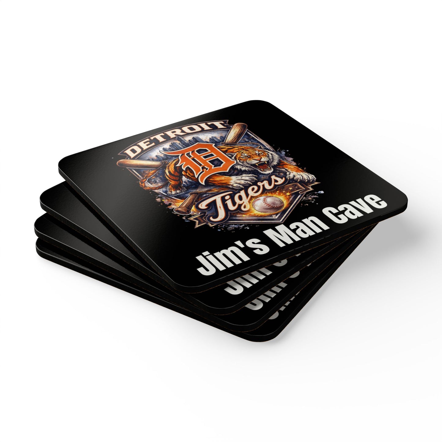 Detroit Tigers Cork Coaster Set — Personalized "Jim's Man Cave" Bar Coasters, Valentine's Day Gift for Him, Father's Day, Birthday