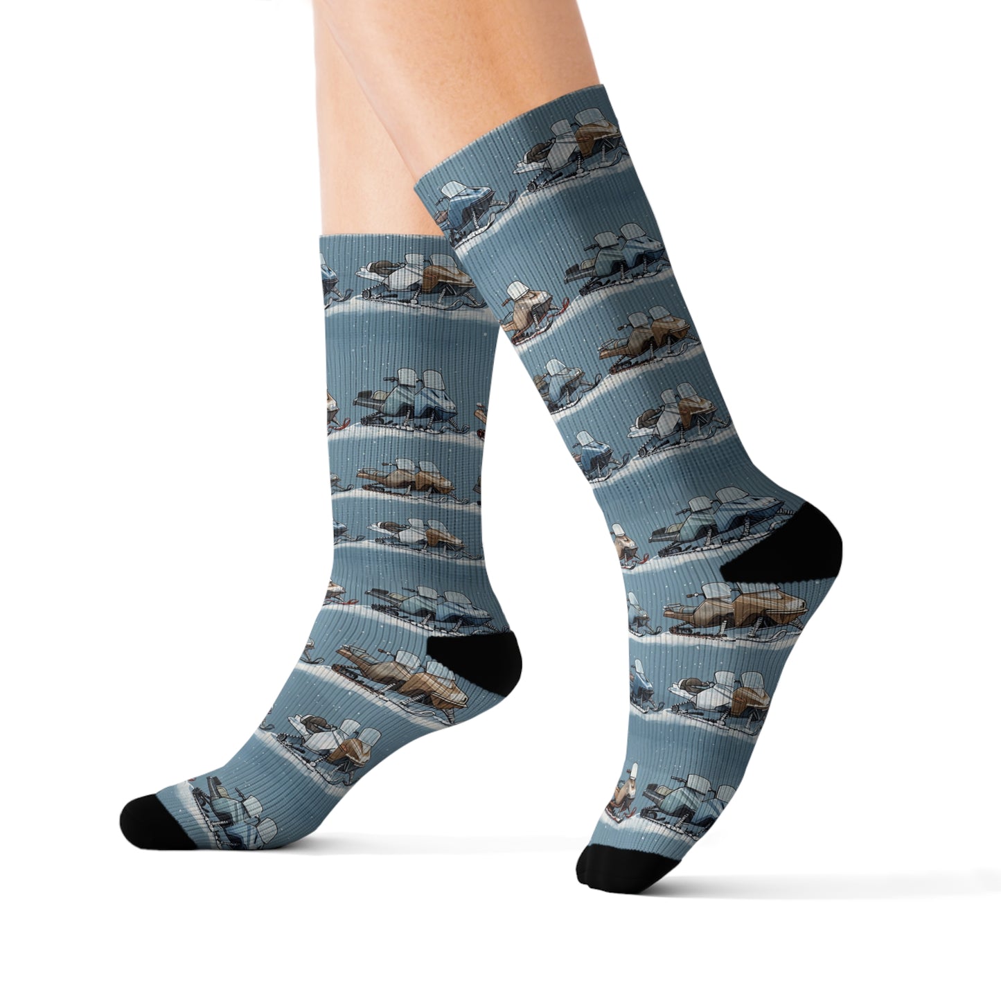 Vintage Snowmobiles Fun Sublimation Socks, Retro Snowmobile Print, Novelty Winter Socks, Gift for Snowmobile Enthusiasts, Unique Skiing