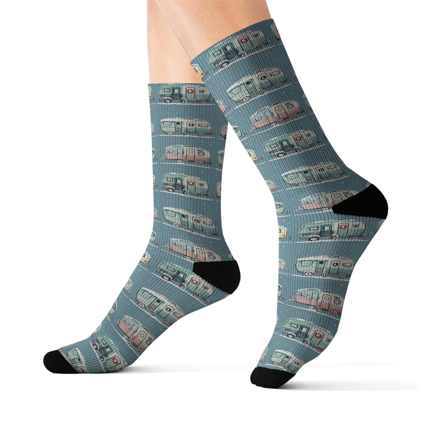 Vintage Camper Sublimation Socks - Winter Christmas Holiday Gift, Cozy Camping Footwear, Retro Trailer Stockings, Festive Campsite Apparel,
