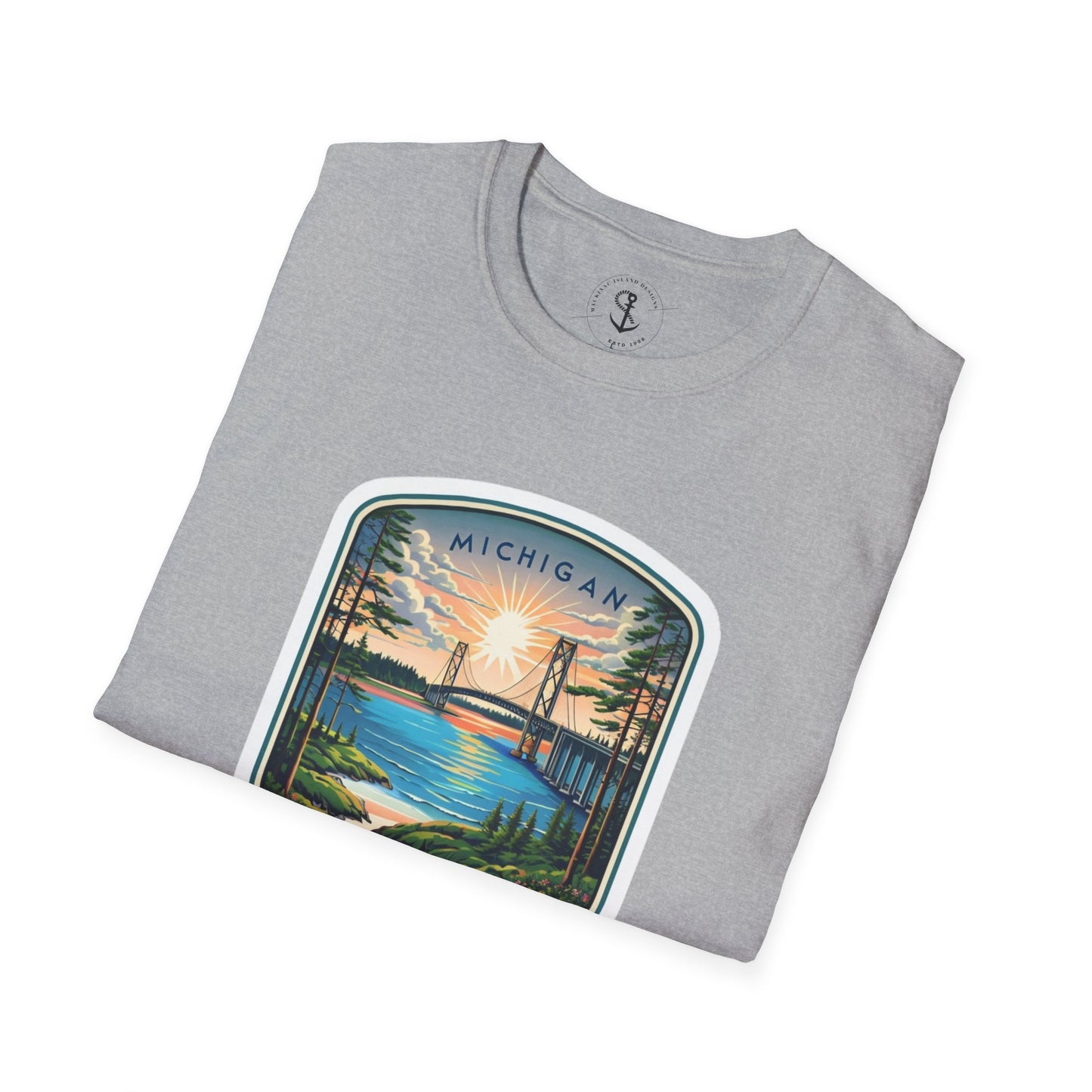 Michigan Mackinac Bridge Unisex Softstyle T-Shirt, Upper Peninsula Souvenir Gift Tee, Great Lakes Travel Shirt, Michigan Bridge Graphic Tee