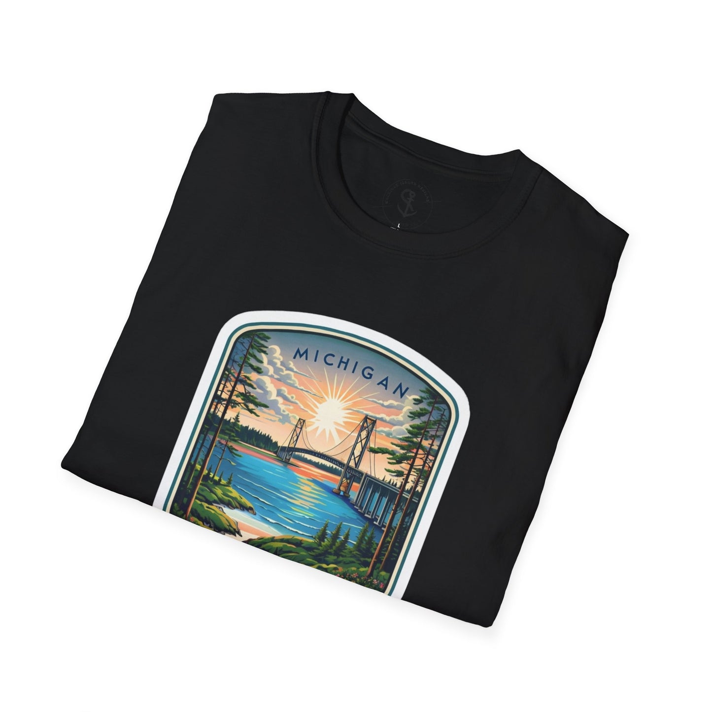 Michigan Mackinac Bridge Unisex Softstyle T-Shirt, Upper Peninsula Souvenir Gift Tee, Great Lakes Travel Shirt, Michigan Bridge Graphic Tee