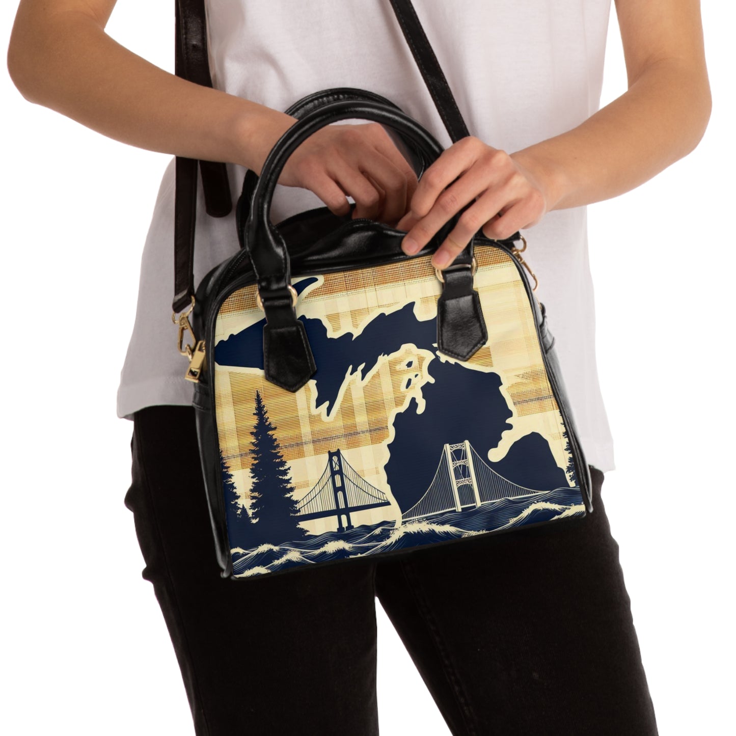 Shoulder Handbag - Mackinac Bridge Plaid Design, Michigan Great Lakes Purse, Mackinaw Island Bag, Upper Peninsula Tote, Stylish Handbag