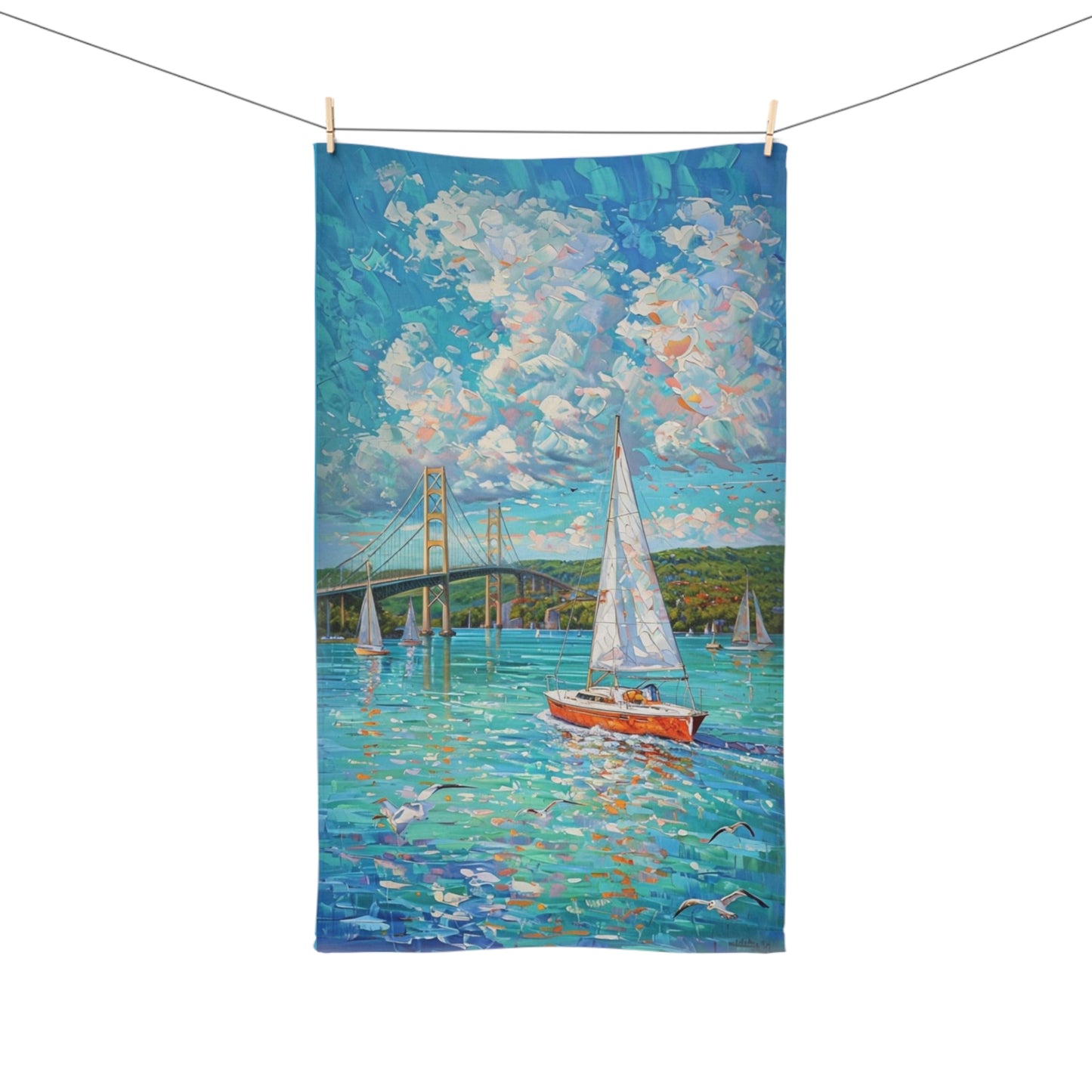 Michigan Great Lakes Hand Towel - Mackinac Bridge Design, Kitchen Decor, Bathroom Towel, Gift for Travelers, Coastal Home Decor