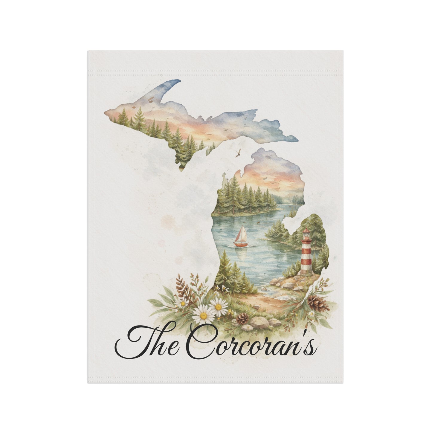 Michigan Watercolor Landscape Garden Flag | Lighthouse Lake Scene, House Flag, Lighthouse, Lake House Decor, Personalized Custom Gift