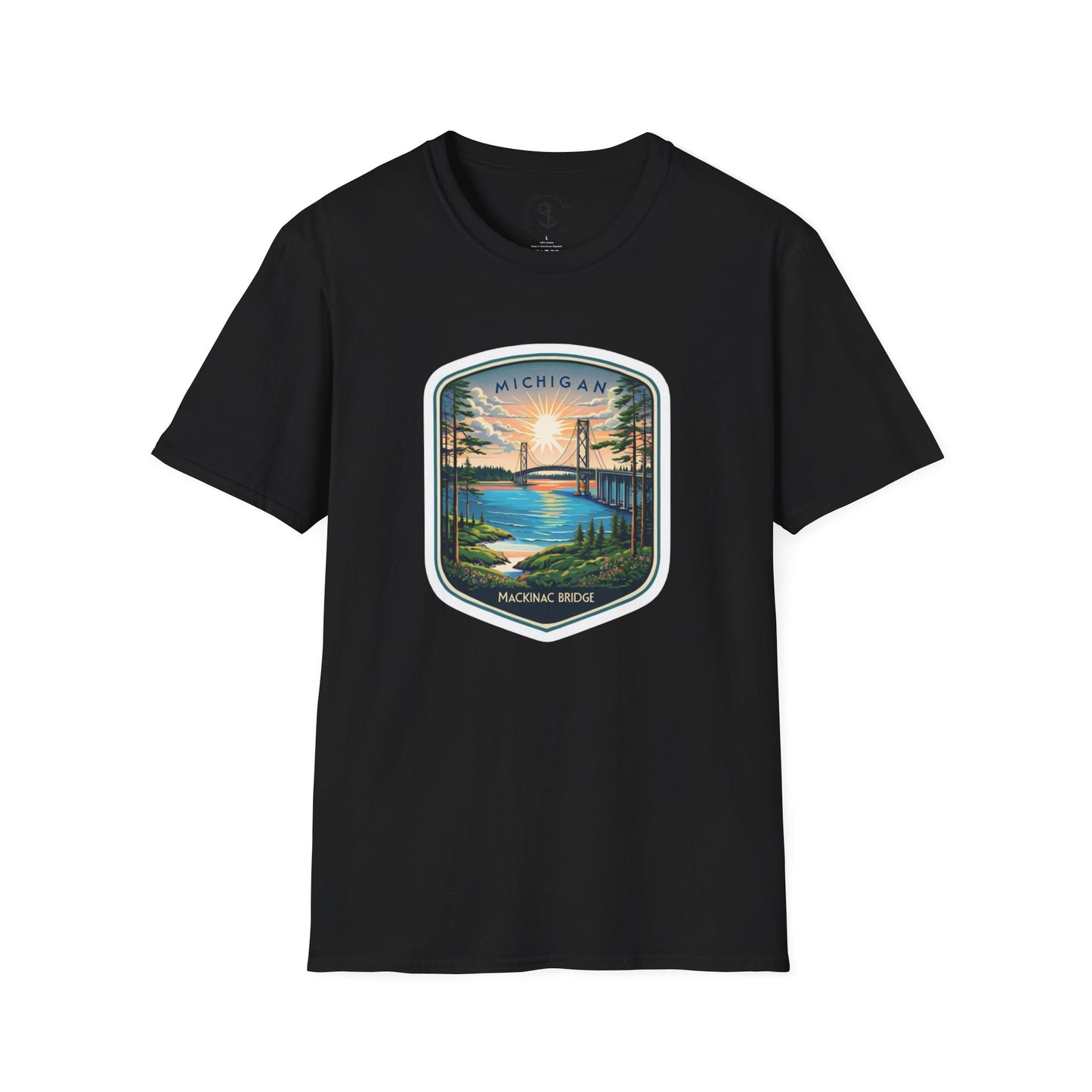 Michigan Mackinac Bridge Unisex Softstyle T-Shirt, Upper Peninsula Souvenir Gift Tee, Great Lakes Travel Shirt, Michigan Bridge Graphic Tee