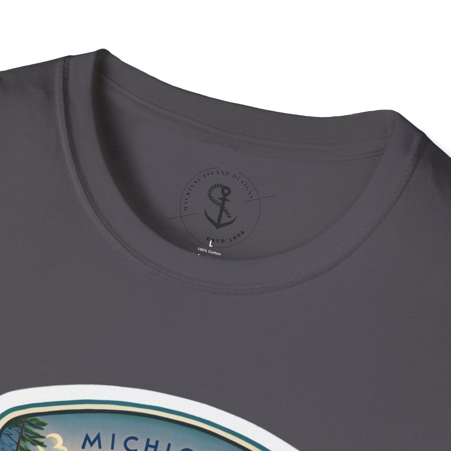 Michigan Mackinac Bridge Unisex Softstyle T-Shirt, Upper Peninsula Souvenir Gift Tee, Great Lakes Travel Shirt, Michigan Bridge Graphic Tee