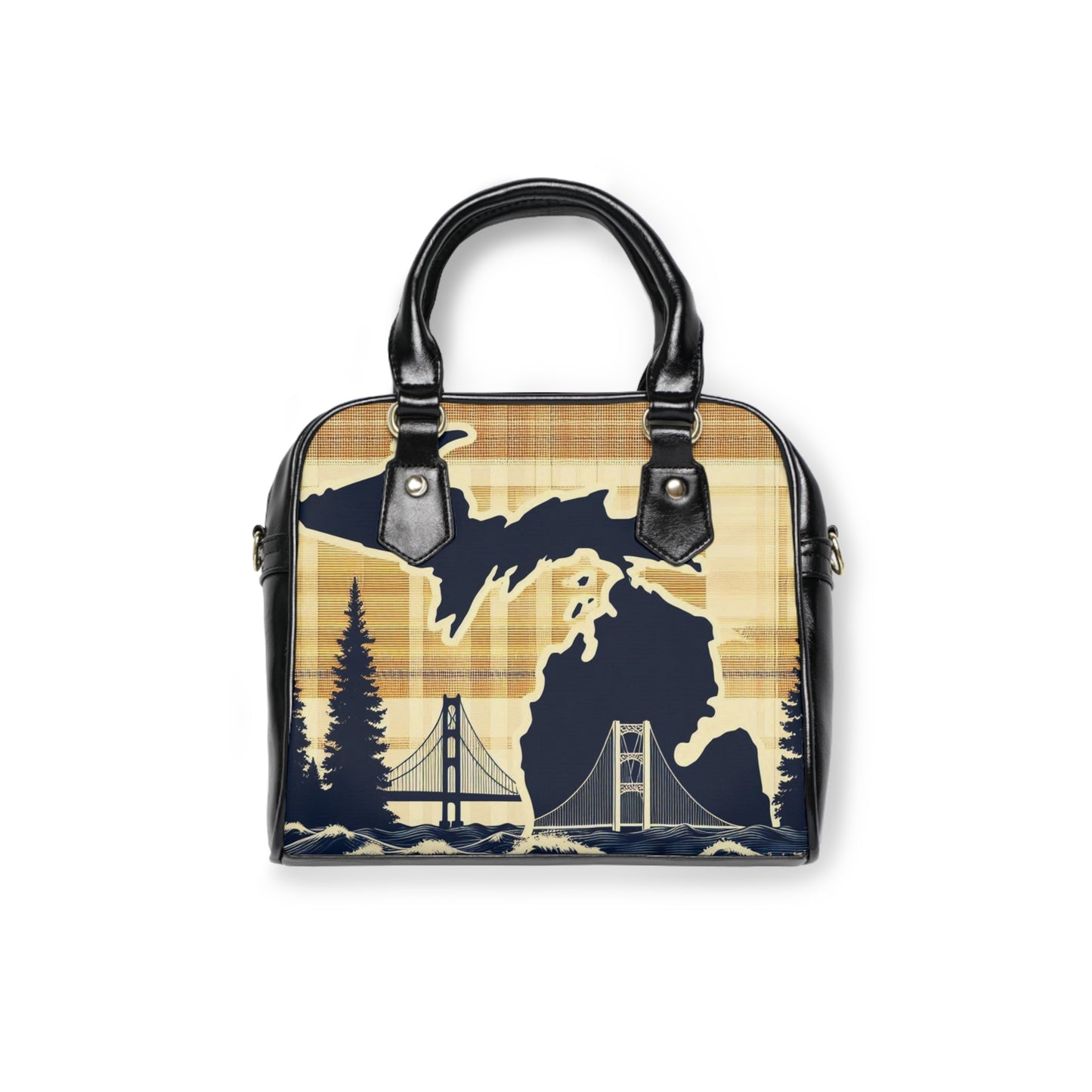 Shoulder Handbag - Mackinac Bridge Plaid Design, Michigan Great Lakes Purse, Mackinaw Island Bag, Upper Peninsula Tote, Stylish Handbag