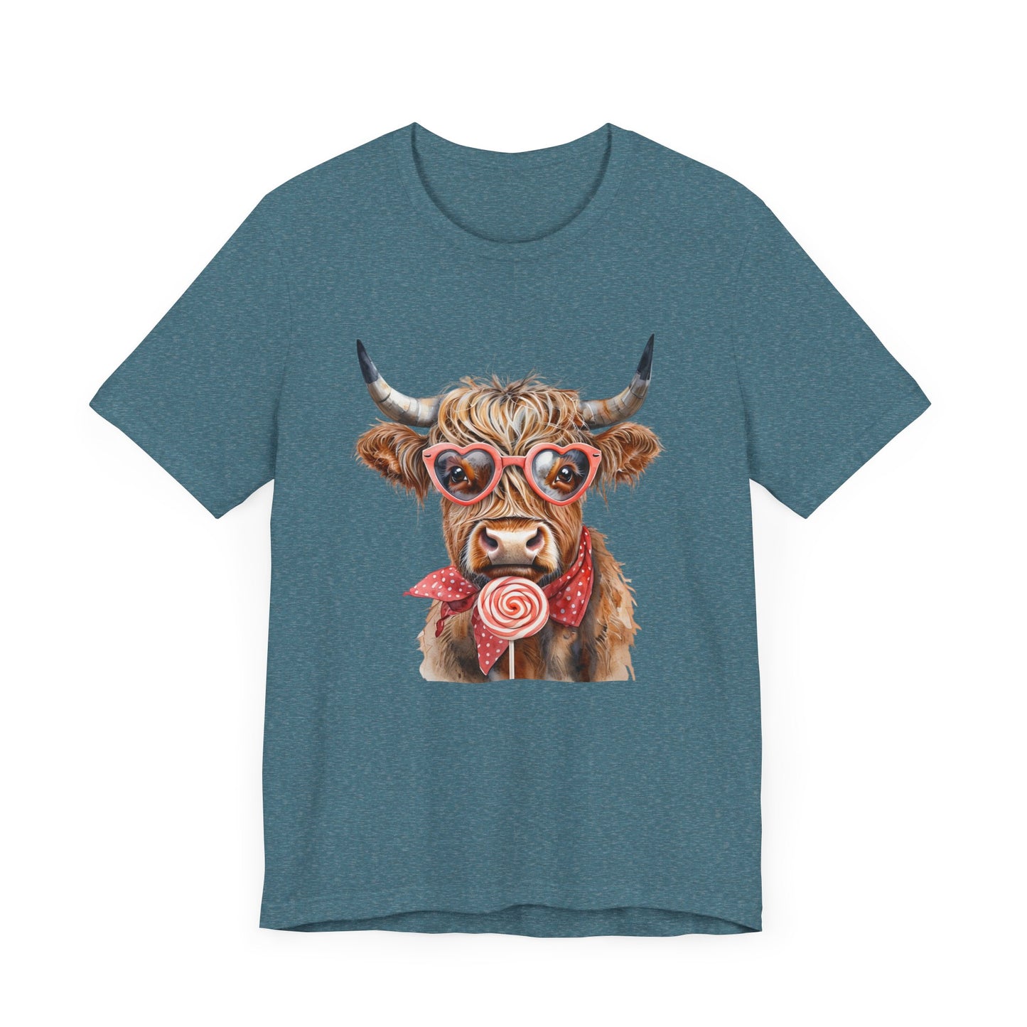 Highland Cow Valentine's Day Unisex Tee, Sucker, Sunglasses Lollipop Shirt, Funny Graphic T-Shirt, Gift for Her, Cow Lover Top