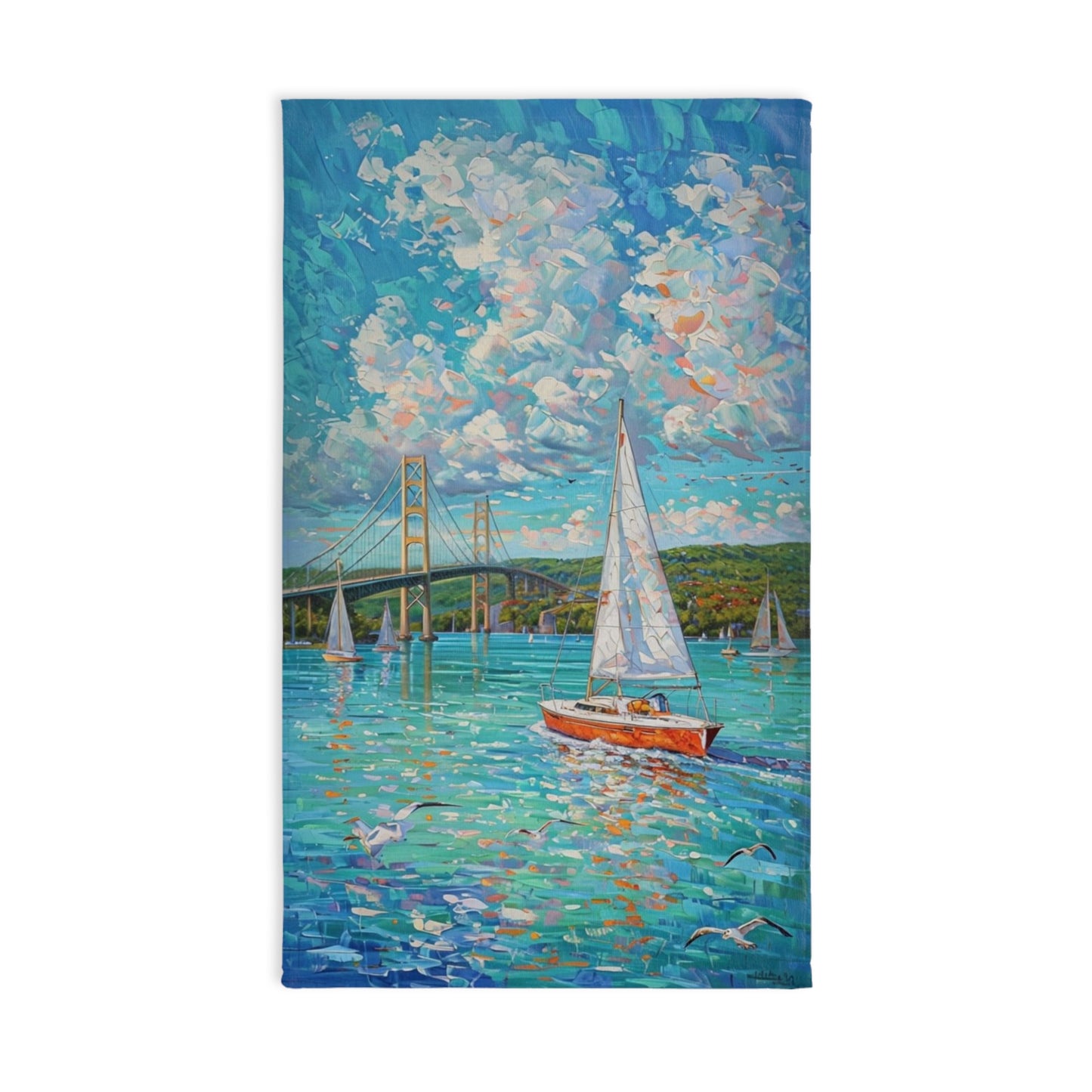 Michigan Great Lakes Hand Towel - Mackinac Bridge Design, Kitchen Decor, Bathroom Towel, Gift for Travelers, Coastal Home Decor