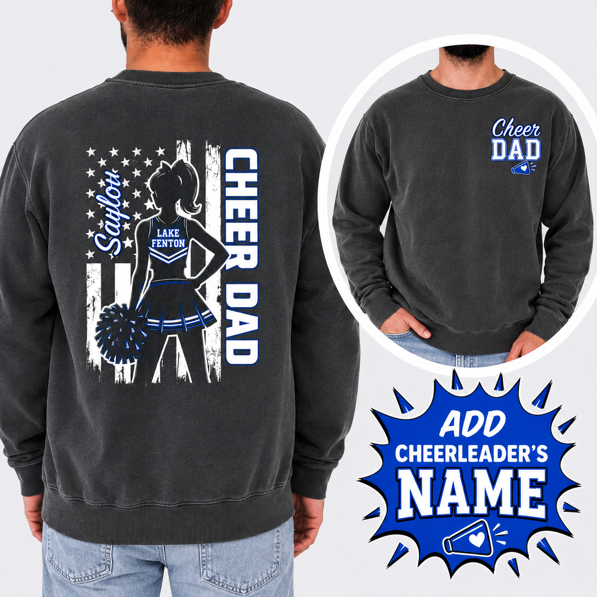 LAKE FENTON Cheer Dad PERSONALIZED SWEATSHIRT or T-Shirt COMFORT COLORS SIZES S-4XL ADULT