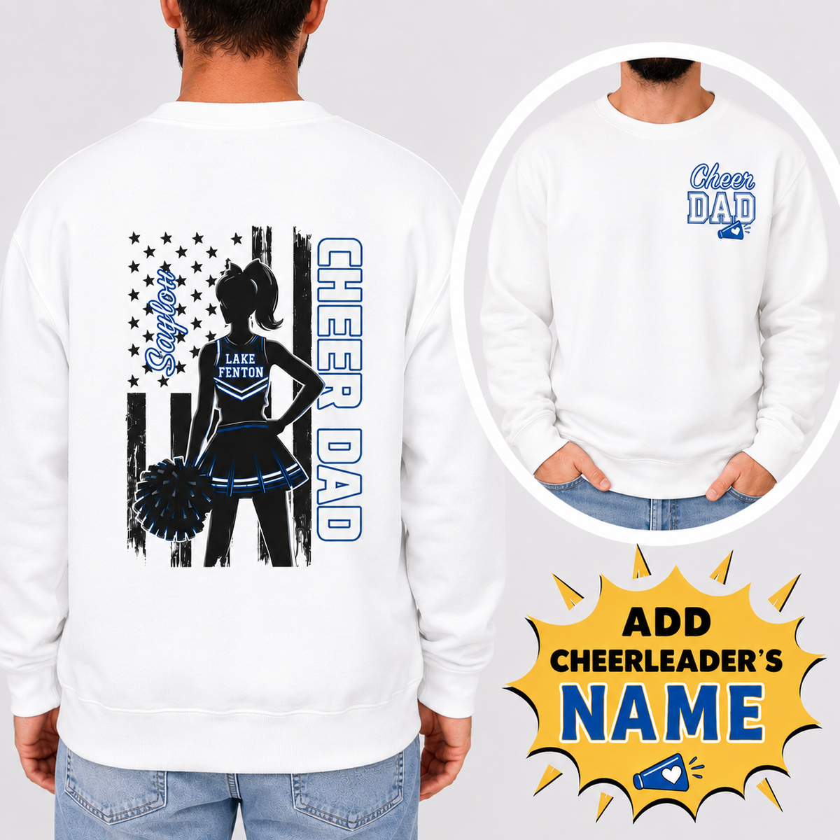 LAKE FENTON Cheer Dad PERSONALIZED SWEATSHIRT or T-Shirt COMFORT COLORS SIZES S-4XL ADULT