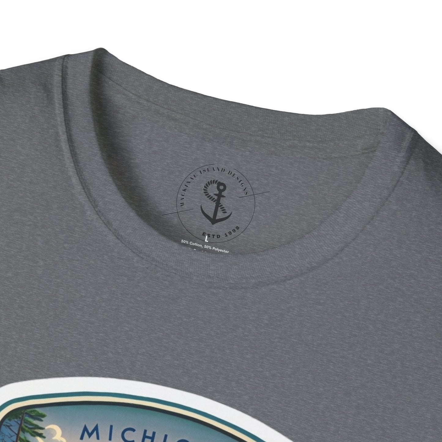 Michigan Mackinac Bridge Unisex Softstyle T-Shirt, Upper Peninsula Souvenir Gift Tee, Great Lakes Travel Shirt, Michigan Bridge Graphic Tee