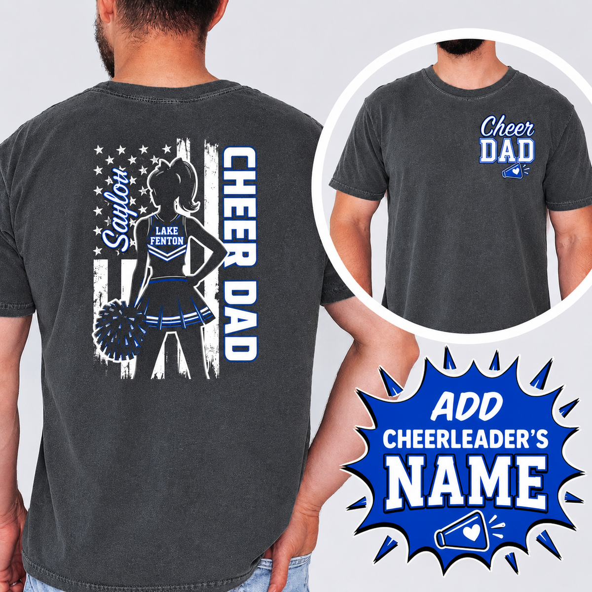 LAKE FENTON Cheer Dad PERSONALIZED SWEATSHIRT or T-Shirt COMFORT COLORS SIZES S-4XL ADULT