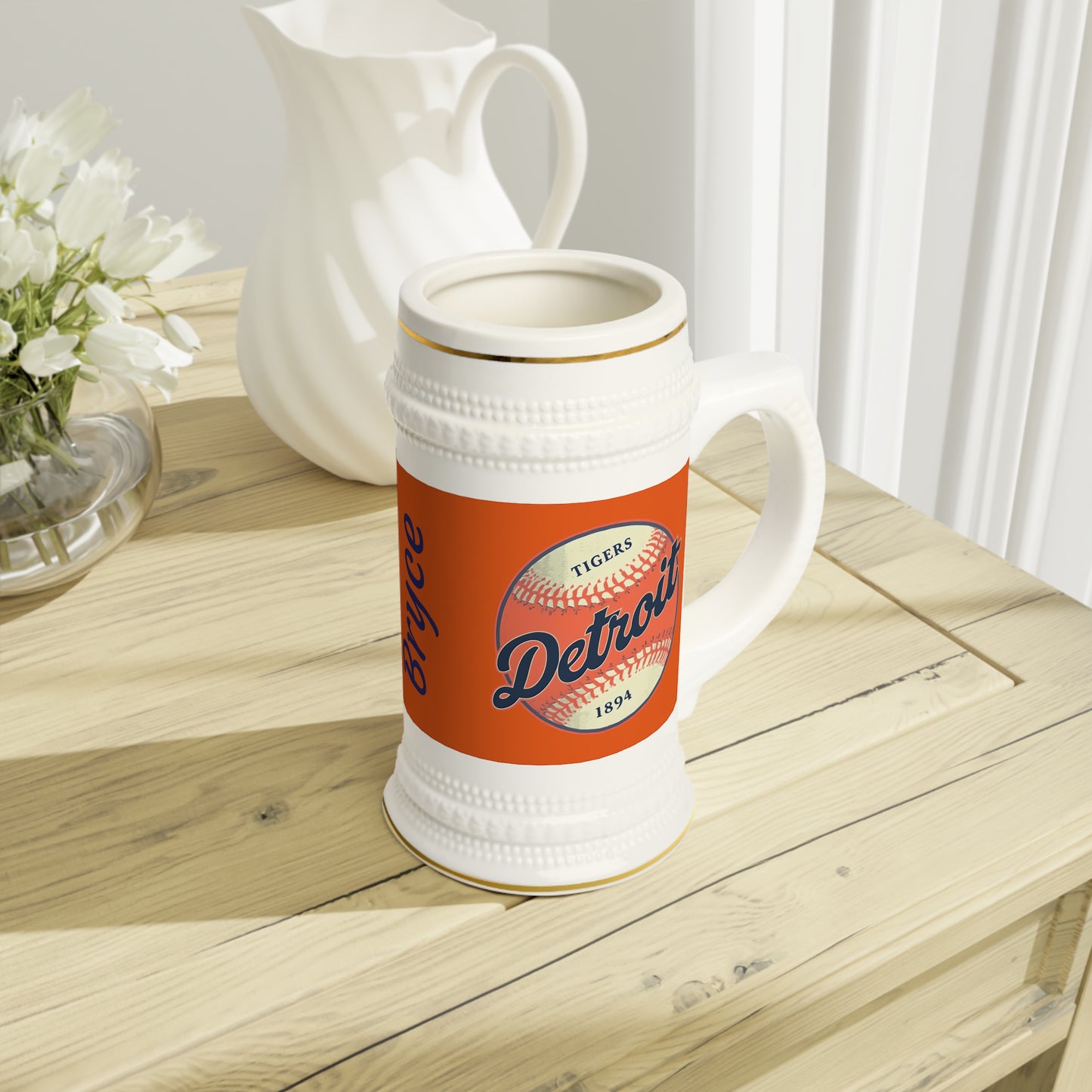 Stein Mug - Detroit Tigers Baseball Personalize Custom, Sports Fan Gift, Gift for Baseball Lover, Customized Ceramic Beer Mug, Personalized