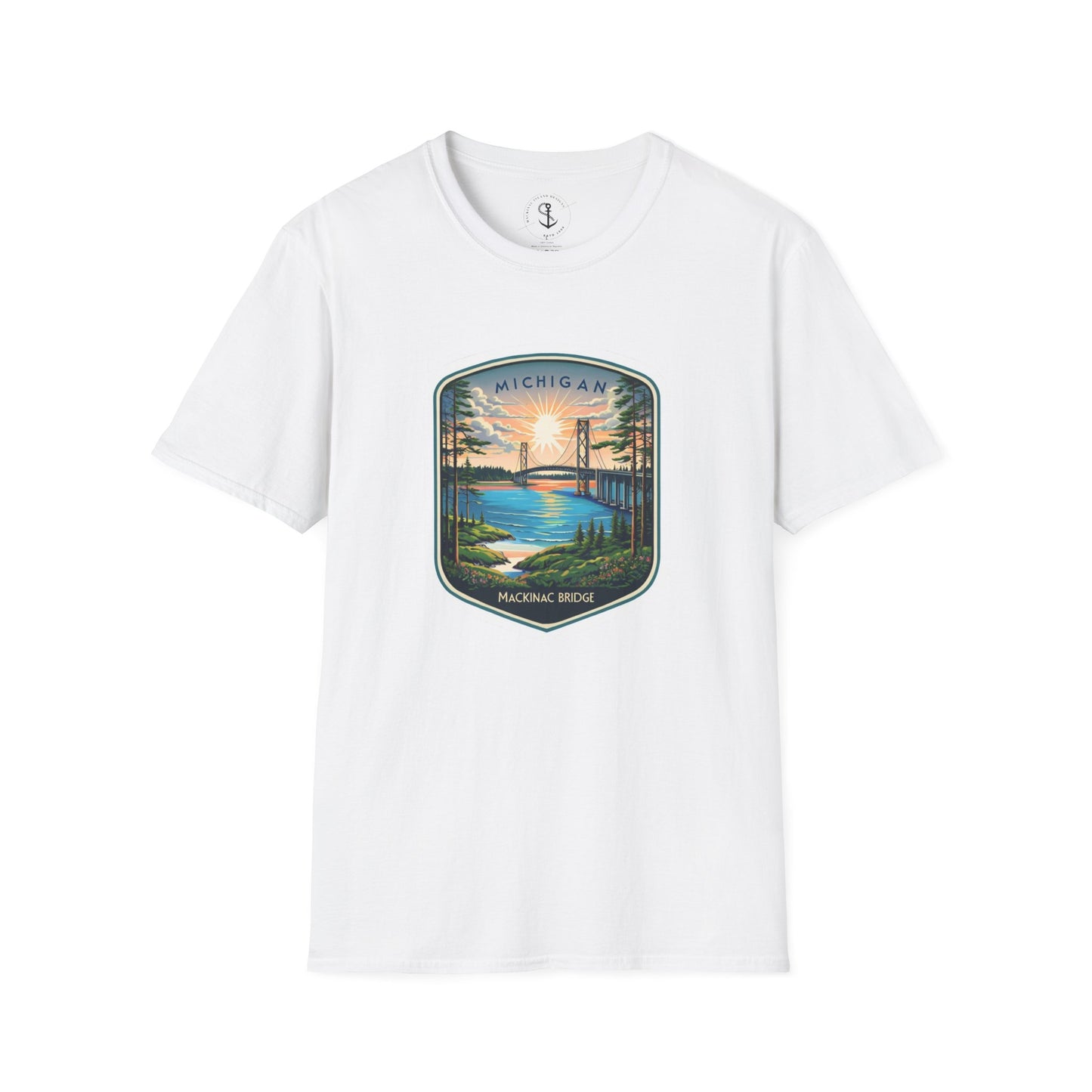 Michigan Mackinac Bridge Unisex Softstyle T-Shirt, Upper Peninsula Souvenir Gift Tee, Great Lakes Travel Shirt, Michigan Bridge Graphic Tee