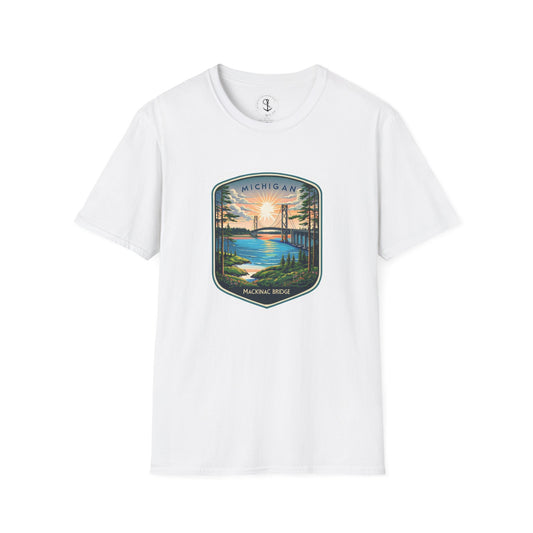 Michigan Mackinac Bridge Unisex Softstyle T-Shirt, Upper Peninsula Souvenir Gift Tee, Great Lakes Travel Shirt, Michigan Bridge Graphic Tee