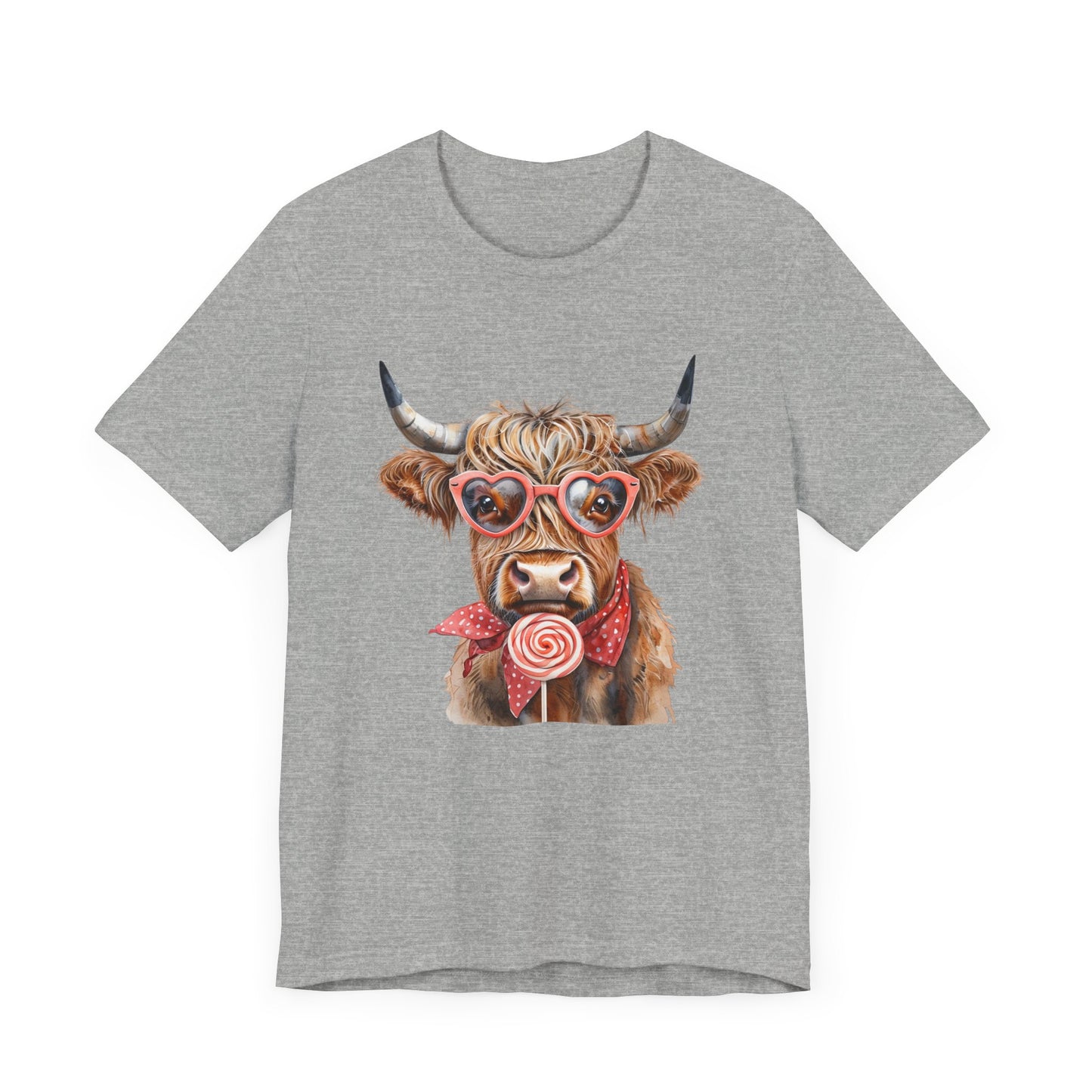 Highland Cow Valentine's Day Unisex Tee, Sucker, Sunglasses Lollipop Shirt, Funny Graphic T-Shirt, Gift for Her, Cow Lover Top
