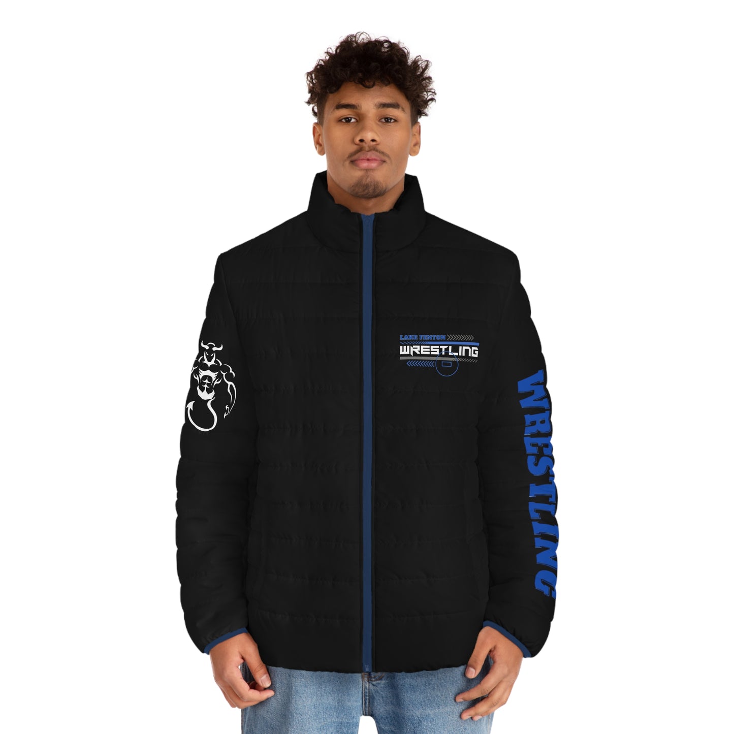 Lake Fenton Wrestling Name Puffer Jacket | Wrestling Sleeve Logo, Blue Devils, Customize, Personalize,