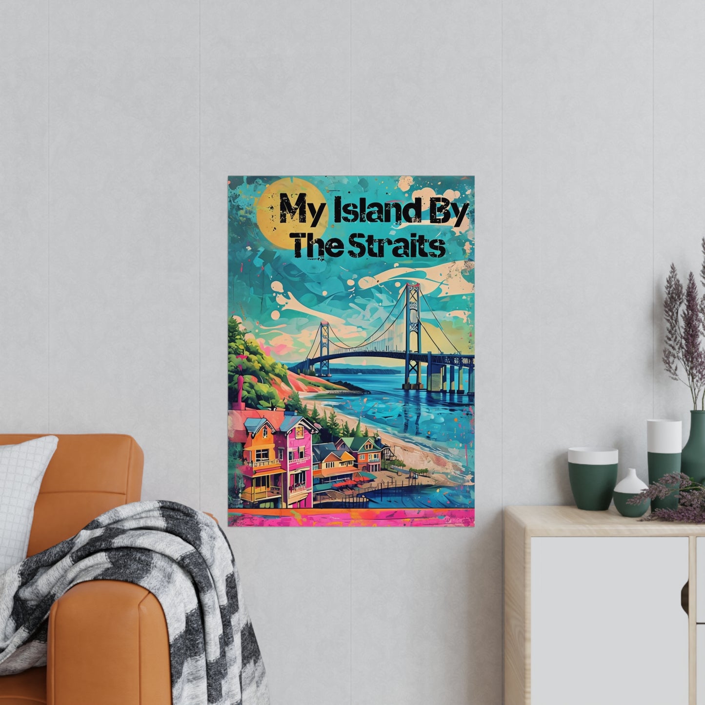 Michigan Landscape Poster, Mackinac Island Wall Art, Bridge Print, Great Lakes Decor, Straits of Mackinac Art, Island Travel Souvenir,