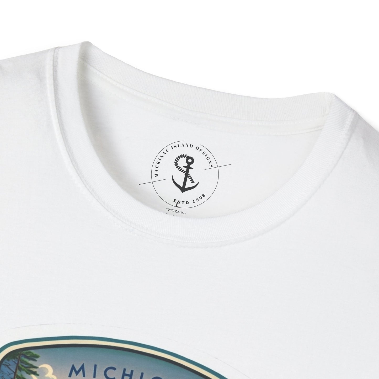 Michigan Mackinac Bridge Unisex Softstyle T-Shirt, Upper Peninsula Souvenir Gift Tee, Great Lakes Travel Shirt, Michigan Bridge Graphic Tee