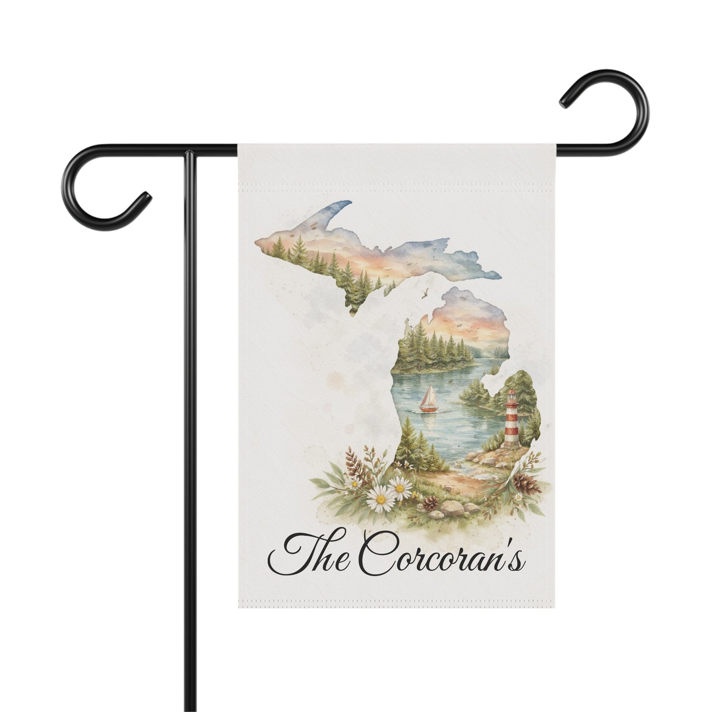 Michigan Watercolor Landscape Garden Flag | Lighthouse Lake Scene, House Flag, Lighthouse, Lake House Decor, Personalized Custom Gift