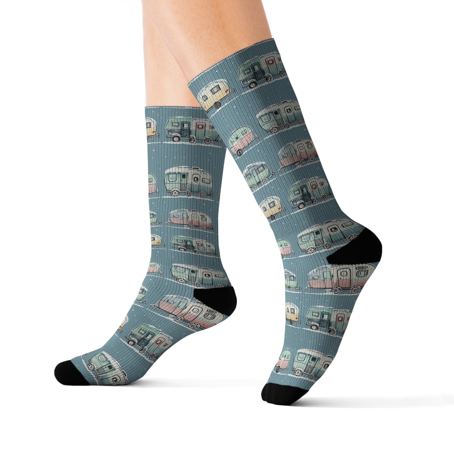 Vintage Camper Sublimation Socks - Winter Christmas Holiday Gift, Cozy Camping Footwear, Retro Trailer Stockings, Festive Campsite Apparel,