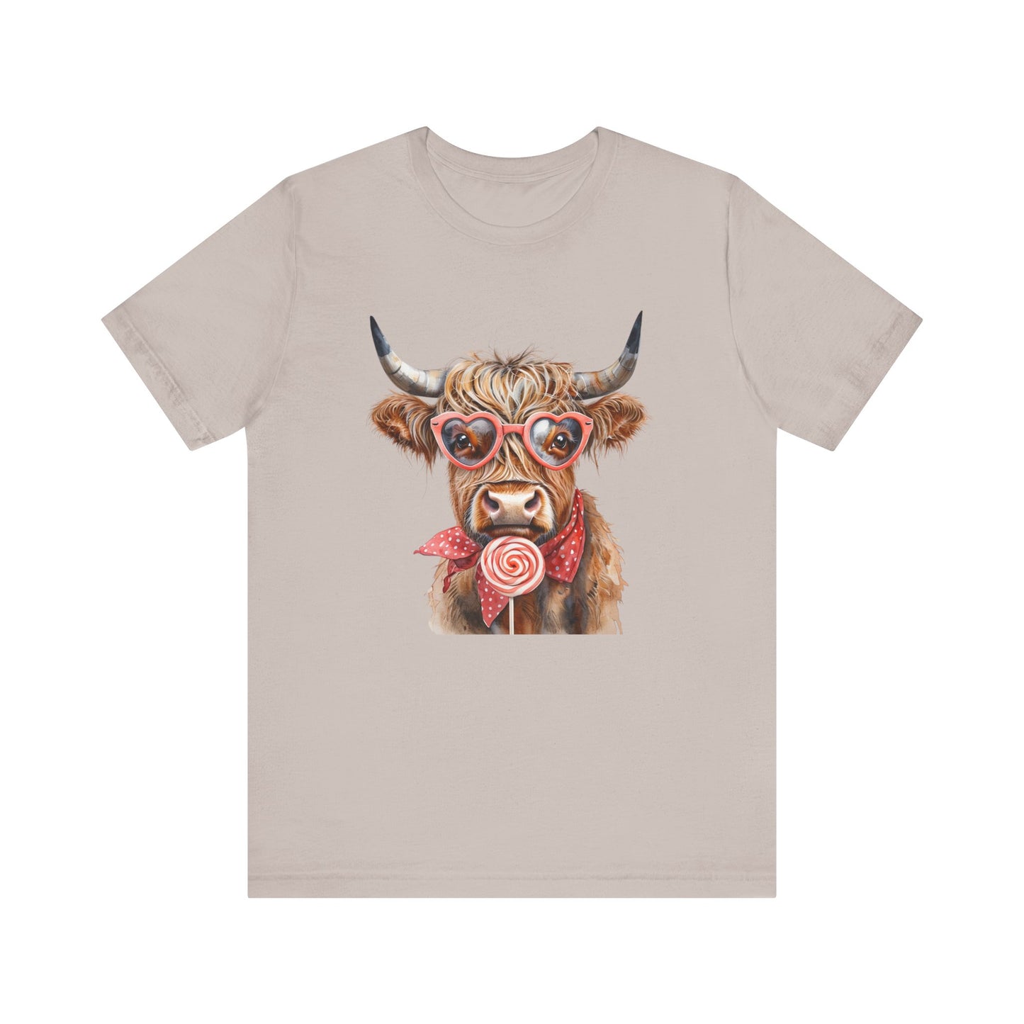 Highland Cow Valentine's Day Unisex Tee, Sucker, Sunglasses Lollipop Shirt, Funny Graphic T-Shirt, Gift for Her, Cow Lover Top