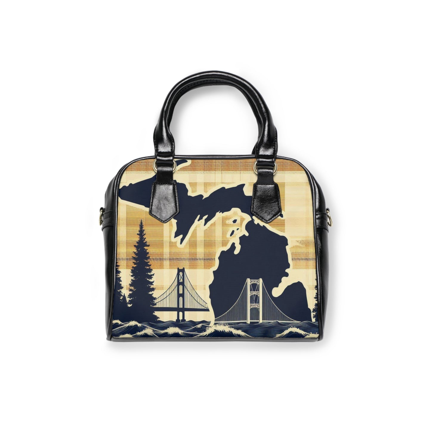 Shoulder Handbag - Mackinac Bridge Plaid Design, Michigan Great Lakes Purse, Mackinaw Island Bag, Upper Peninsula Tote, Stylish Handbag