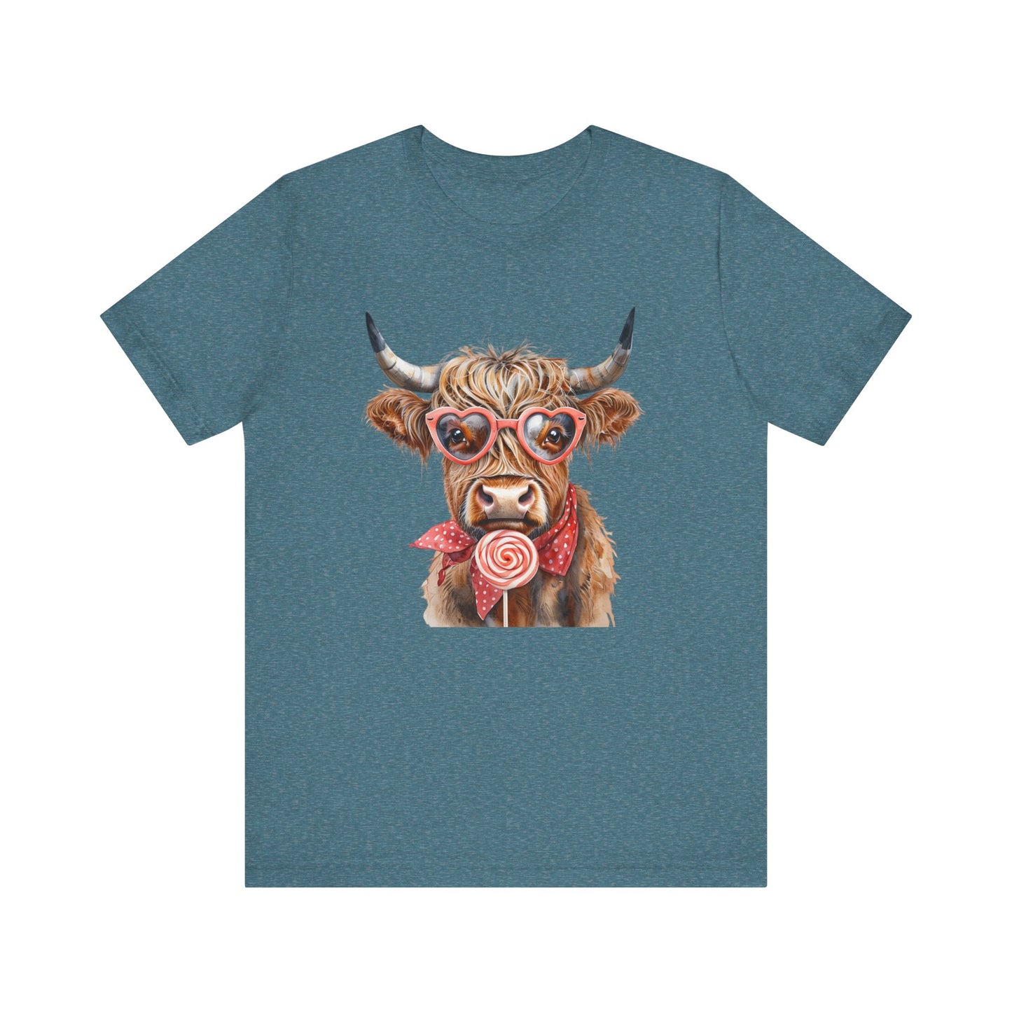 Highland Cow Valentine's Day Unisex Tee, Sucker, Sunglasses Lollipop Shirt, Funny Graphic T-Shirt, Gift for Her, Cow Lover Top