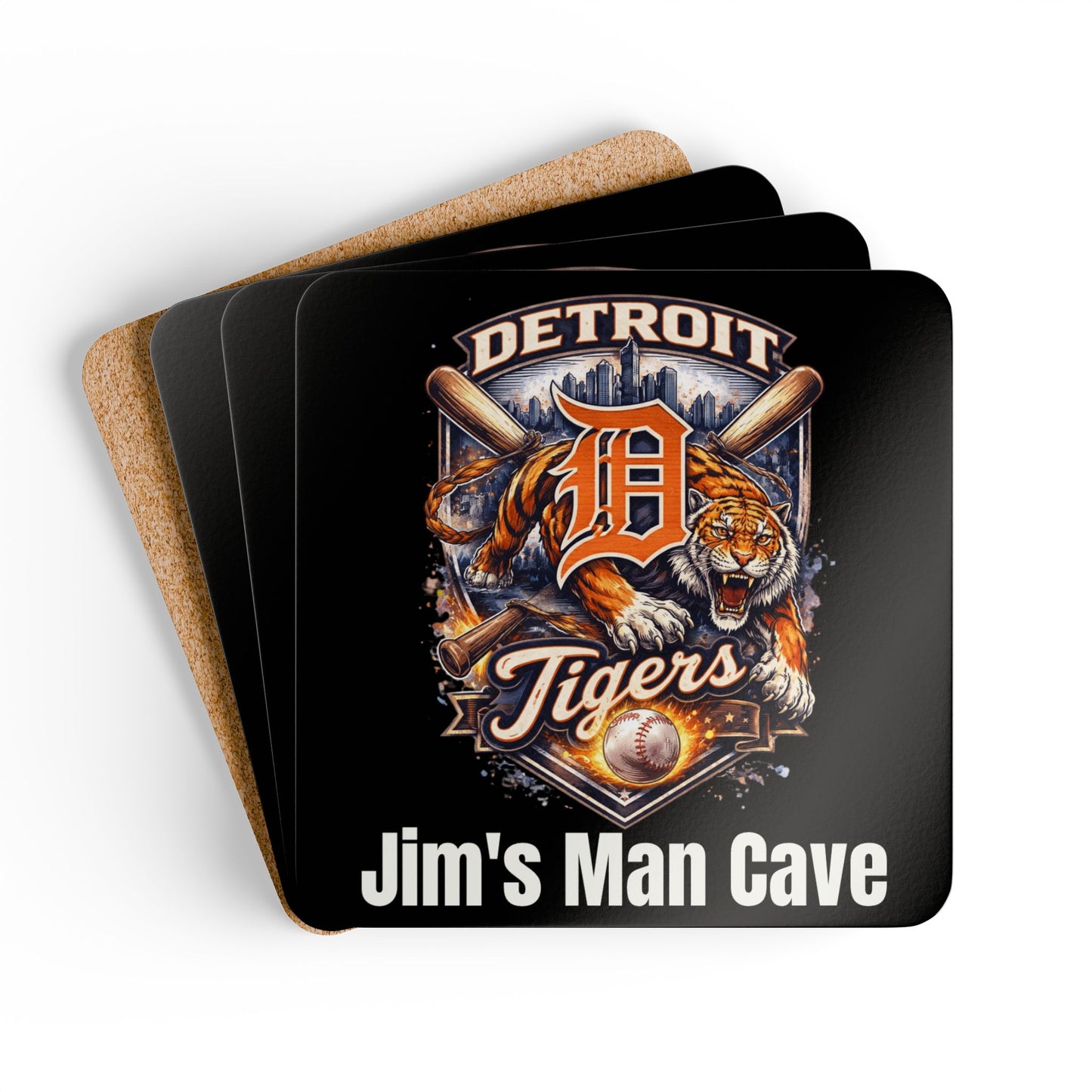Detroit Tigers Cork Coaster Set — Personalized "Jim's Man Cave" Bar Coasters, Valentine's Day Gift for Him, Father's Day, Birthday