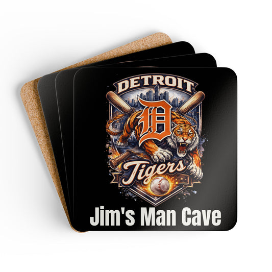 Detroit Tigers Cork Coaster Set — Personalized "Jim's Man Cave" Bar Coasters, Valentine's Day Gift for Him, Father's Day, Birthday