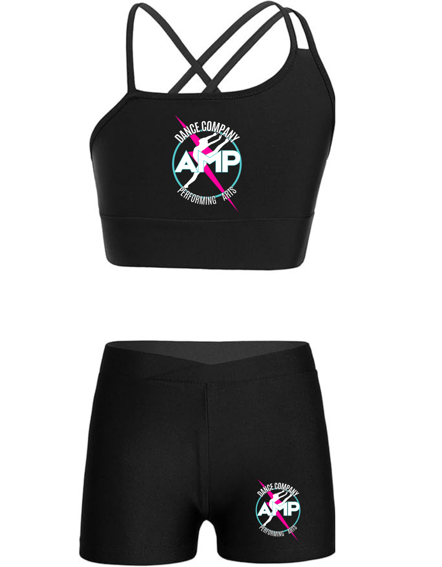 AMP Girls 2 Piece Dance Outfits Crop Top with Booty Shorts Active Set Leotard Dancewear Sizes  6 8 10 12 14