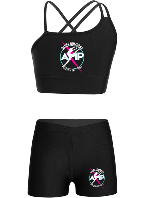 AMP Girls 2 Piece Dance Outfits Crop Top with Booty Shorts Active Set Leotard Dancewear Sizes  6 8 10 12 14