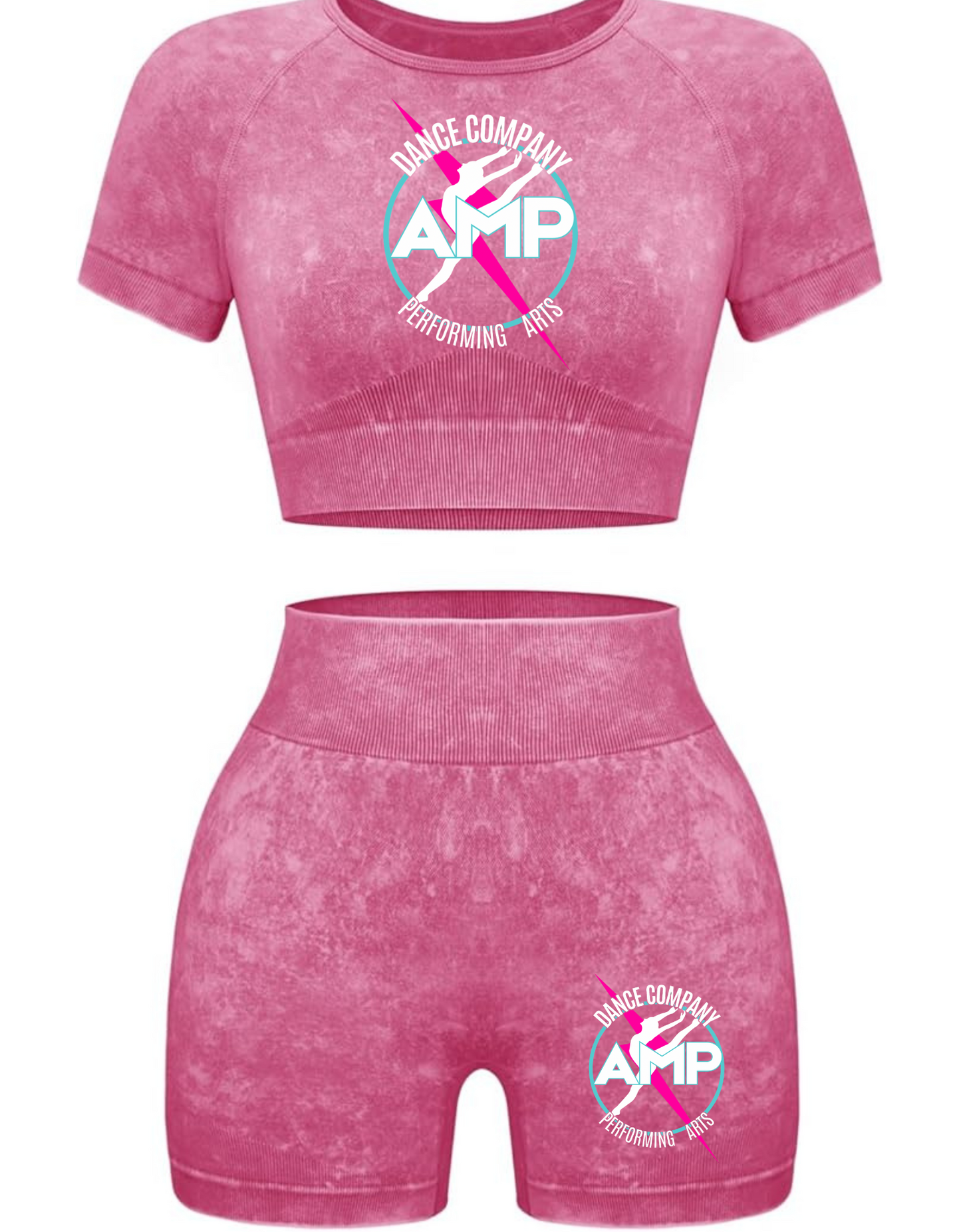 AMP Dance Co Performing Arts Adult Ladies 2 pc Acid Wash 2 Pc Crop Top/Shorts