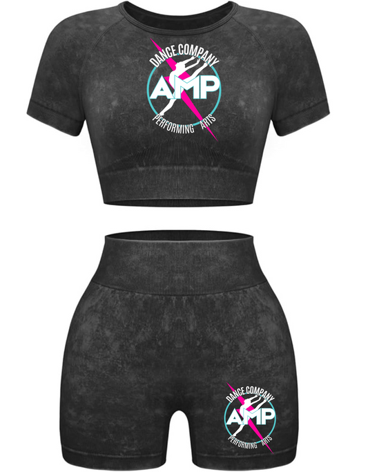 AMP Dance Co Performing Arts Adult Ladies 2 pc Acid Wash 2 Pc Crop Top/Shorts