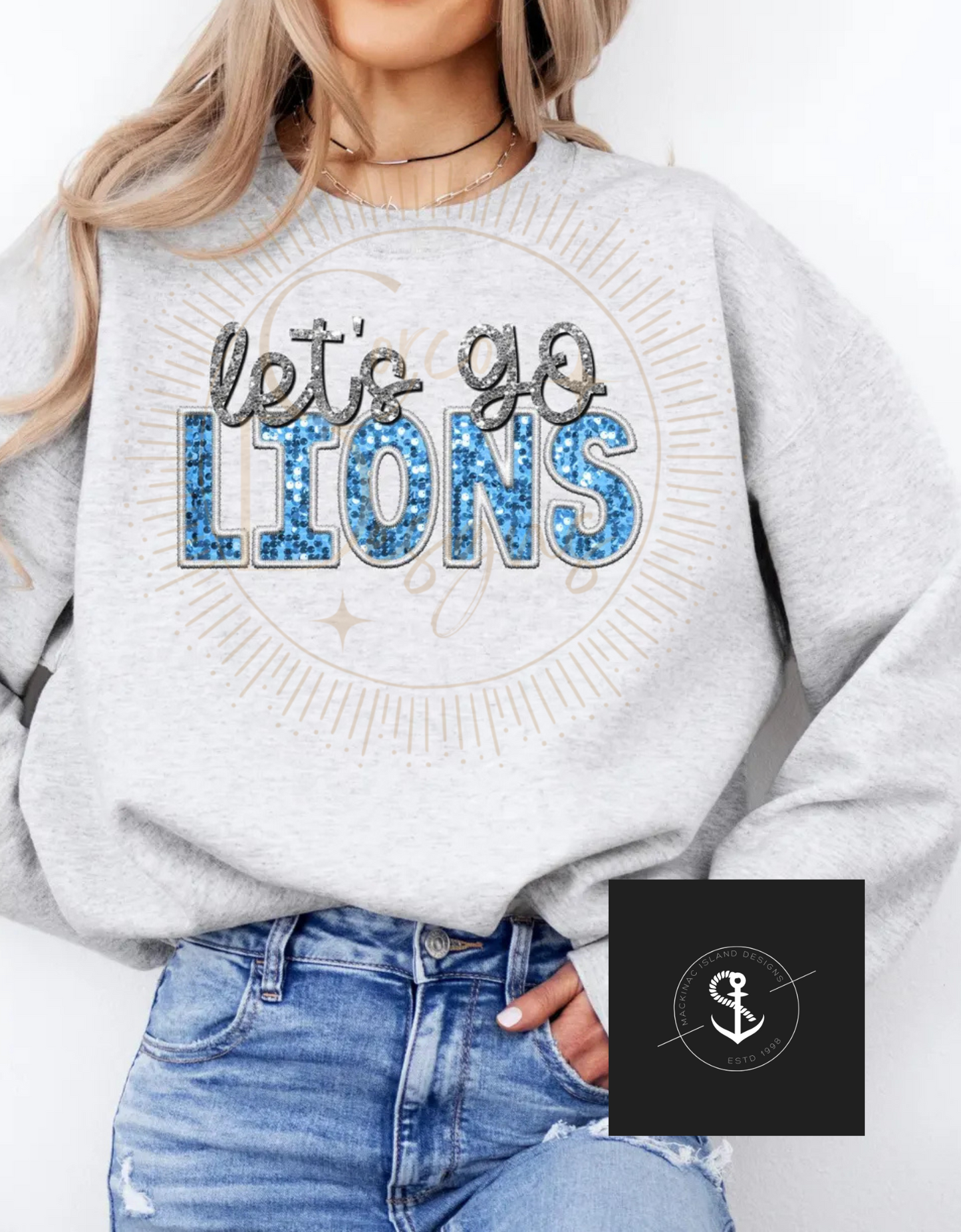 Let's Go Lions Sparkle Sequin Patch Cozy Sweatshirt Sizes Unisex S-3XL