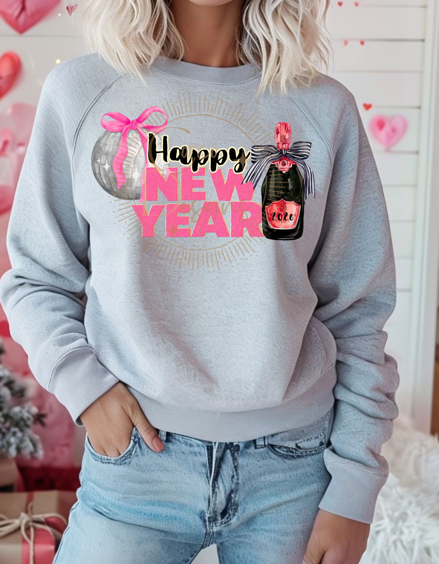 Happy New Year 2026 Pink/Black Champagne Bottle Crewneck Sweatshirt Sizes S-5x
