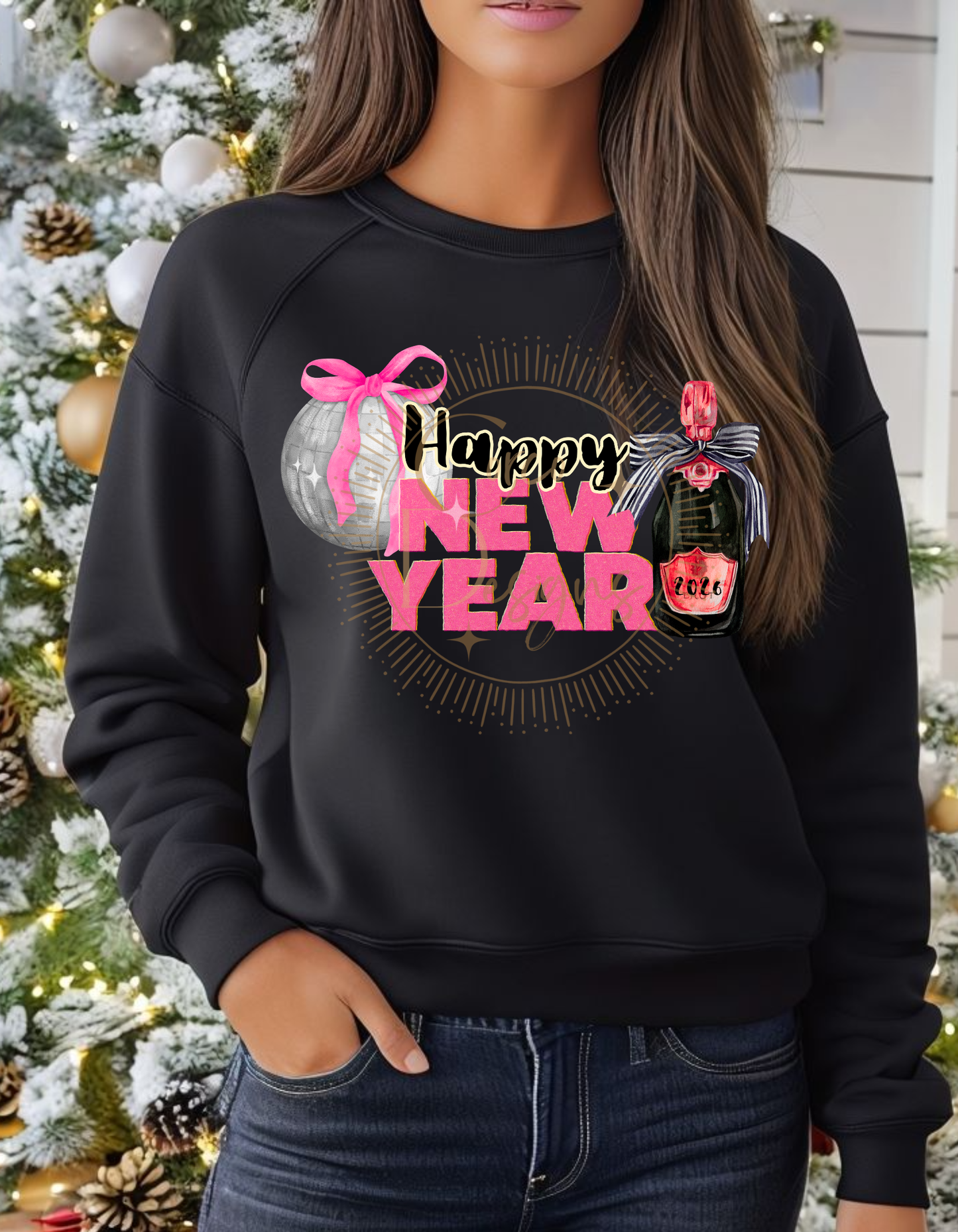 Happy New Year 2026 Pink/Black Champagne Bottle Crewneck Sweatshirt Sizes S-5x