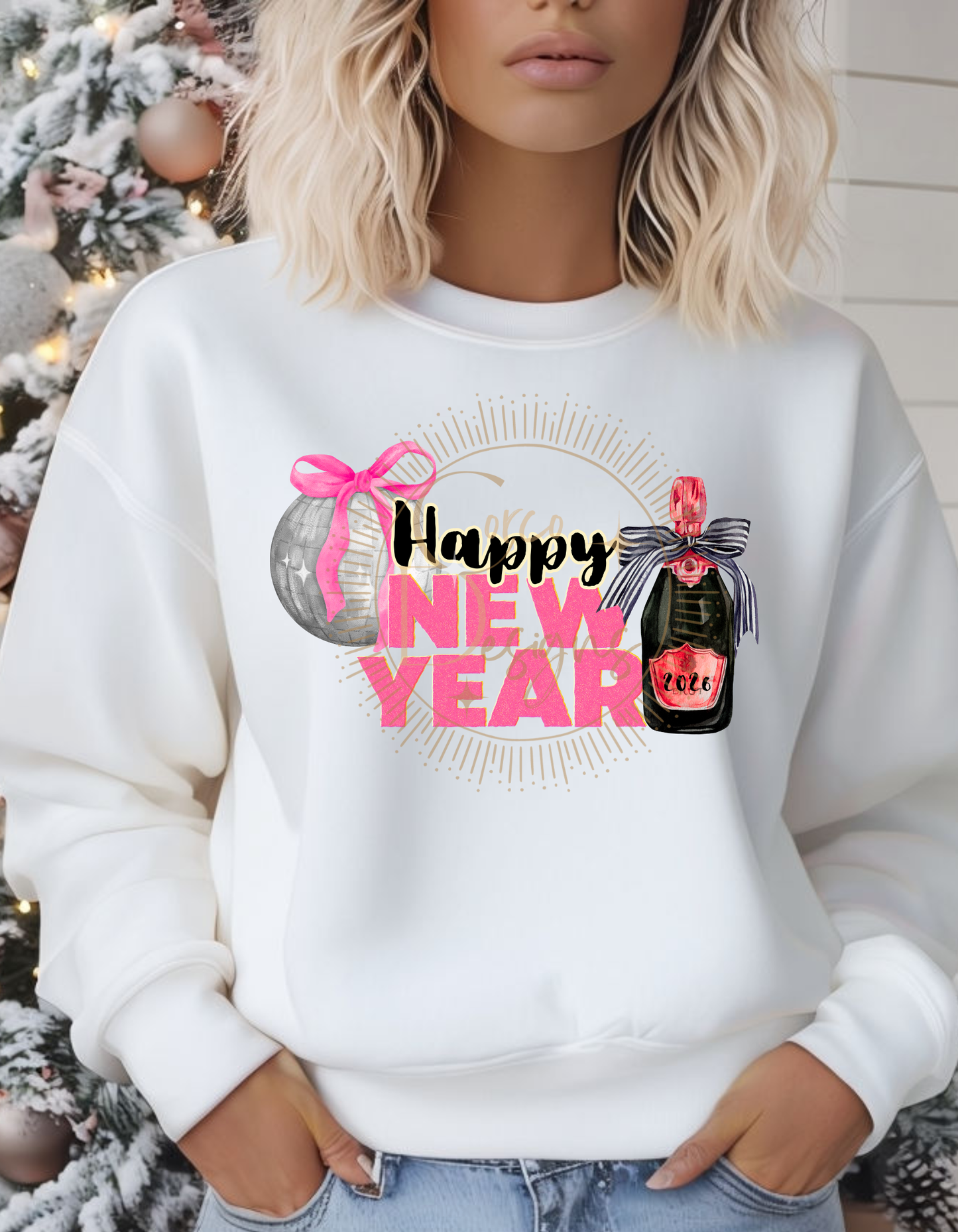 Happy New Year 2026 Pink/Black Champagne Bottle Crewneck Sweatshirt Sizes S-5x