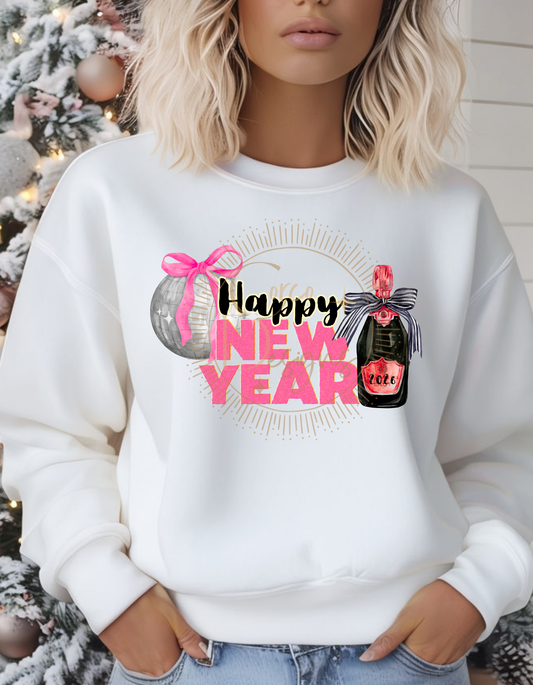 Happy New Year 2026 Pink/Black Champagne Bottle Crewneck Sweatshirt Sizes S-5x