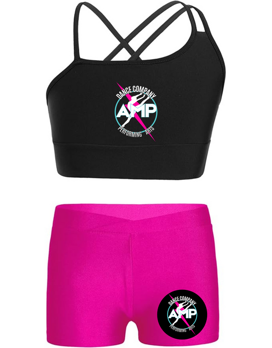 AMP Girls 2 Piece Dance Outfits Crop Top with Booty Shorts Active Set Leotard Dancewear Sizes  6 8 10 12 14