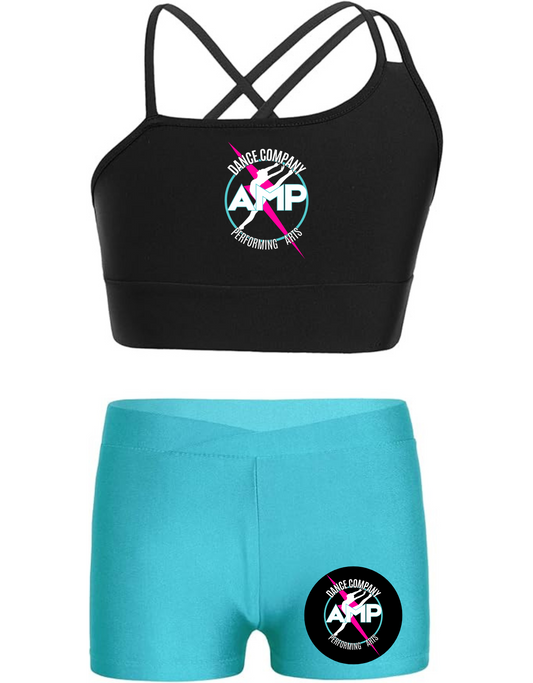 AMP Girls 2 Piece Dance Outfits Crop Top with Booty Shorts Active Set Leotard Dancewear Sizes  6 8 10 12 14