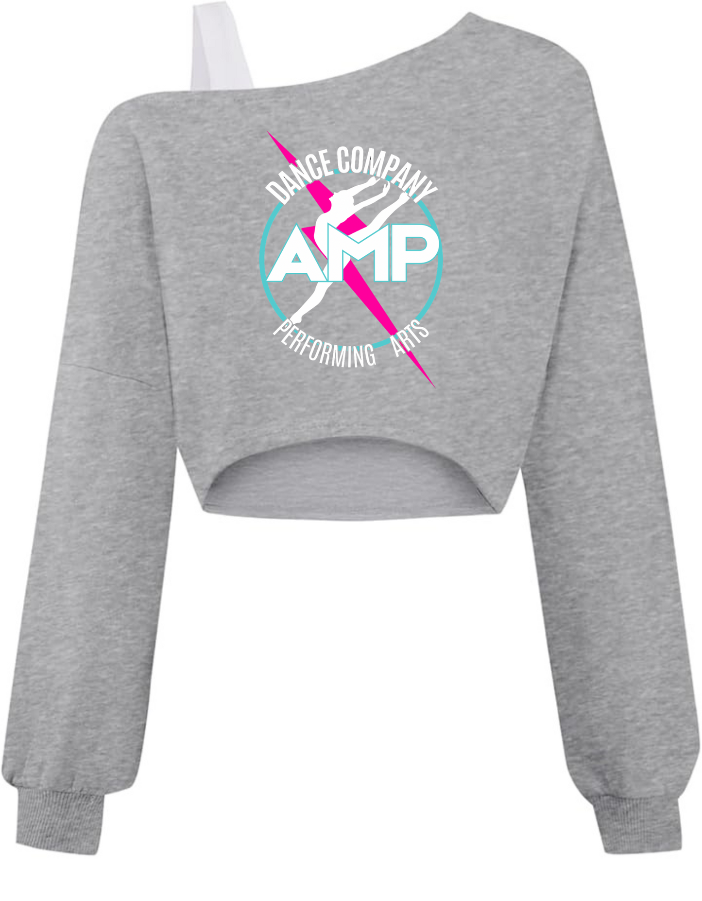 AMP Dance Co. Performing Arts Cropped Asymmetrical Sweatshirt Off the Shoulder Youth Sizes 8 10 12 14