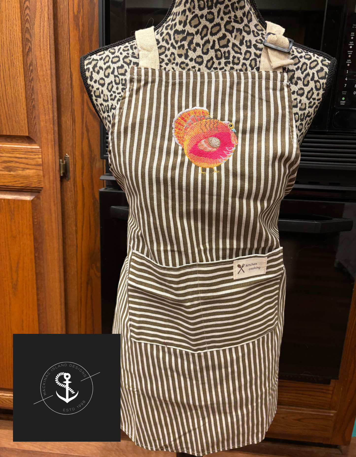 Personalized Embroidered Turkey Stripe Linen Apron