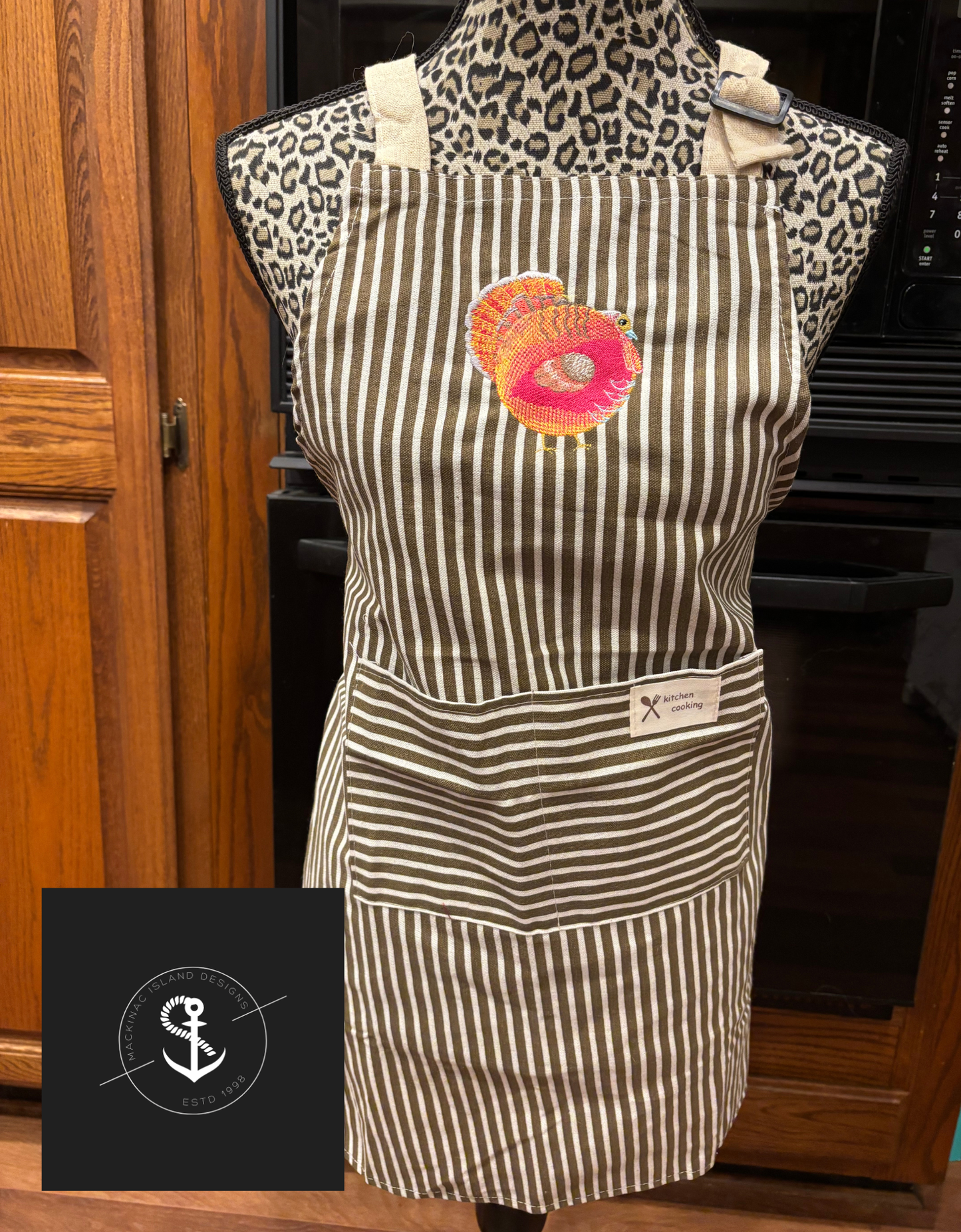 Personalized Embroidered Turkey Stripe Linen Apron