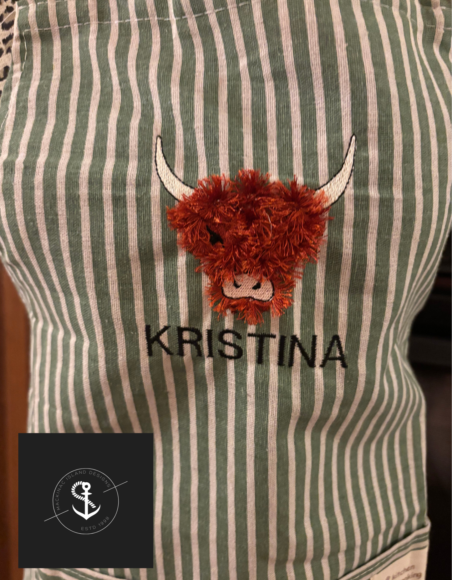 Personalized Embroidered Highland Cow Stripe Linen Apron