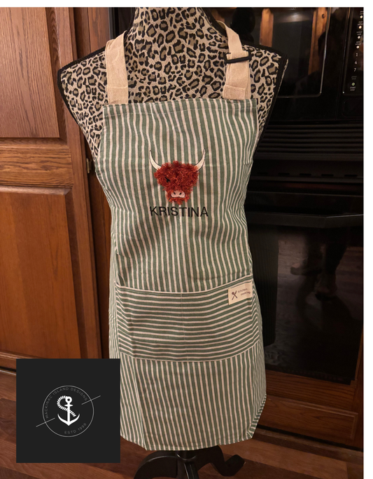 Personalized Embroidered Highland Cow Stripe Linen Apron